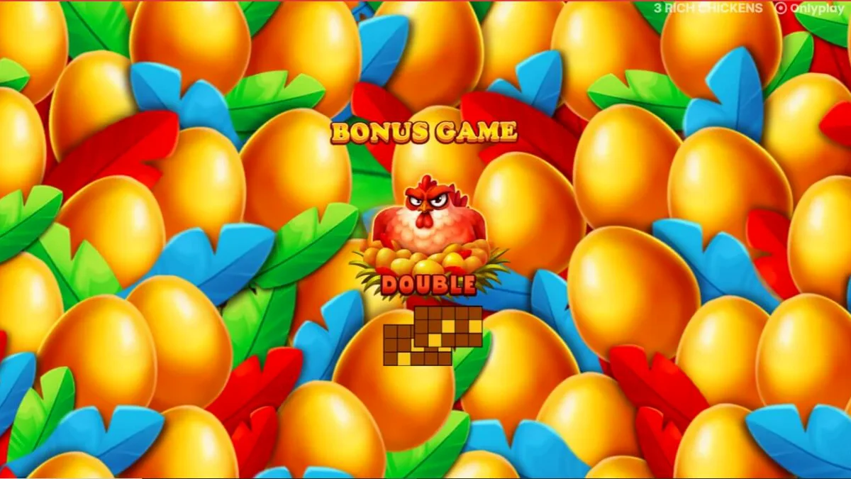 Interface colorida e animada do slot 3 Rich Chickens com galinhas e ovos dourados